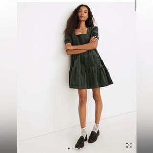 Madewell Corduroy Aidy Square-Neck Tiered Mini Dress in Forest Green NWT ✨